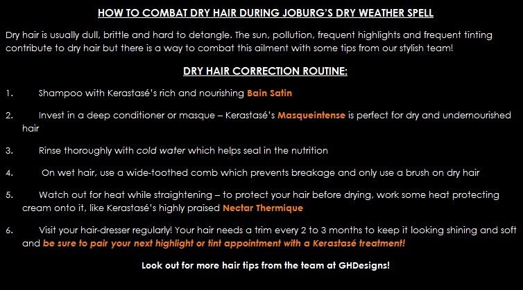 GHDesignsMrngSd's tweet photo. Dry weather in Joburg affecting your hair? Have a look at our tips for combating dry hair! #kerastasé #haircaretips https://t.co/yIxezBnQyq
