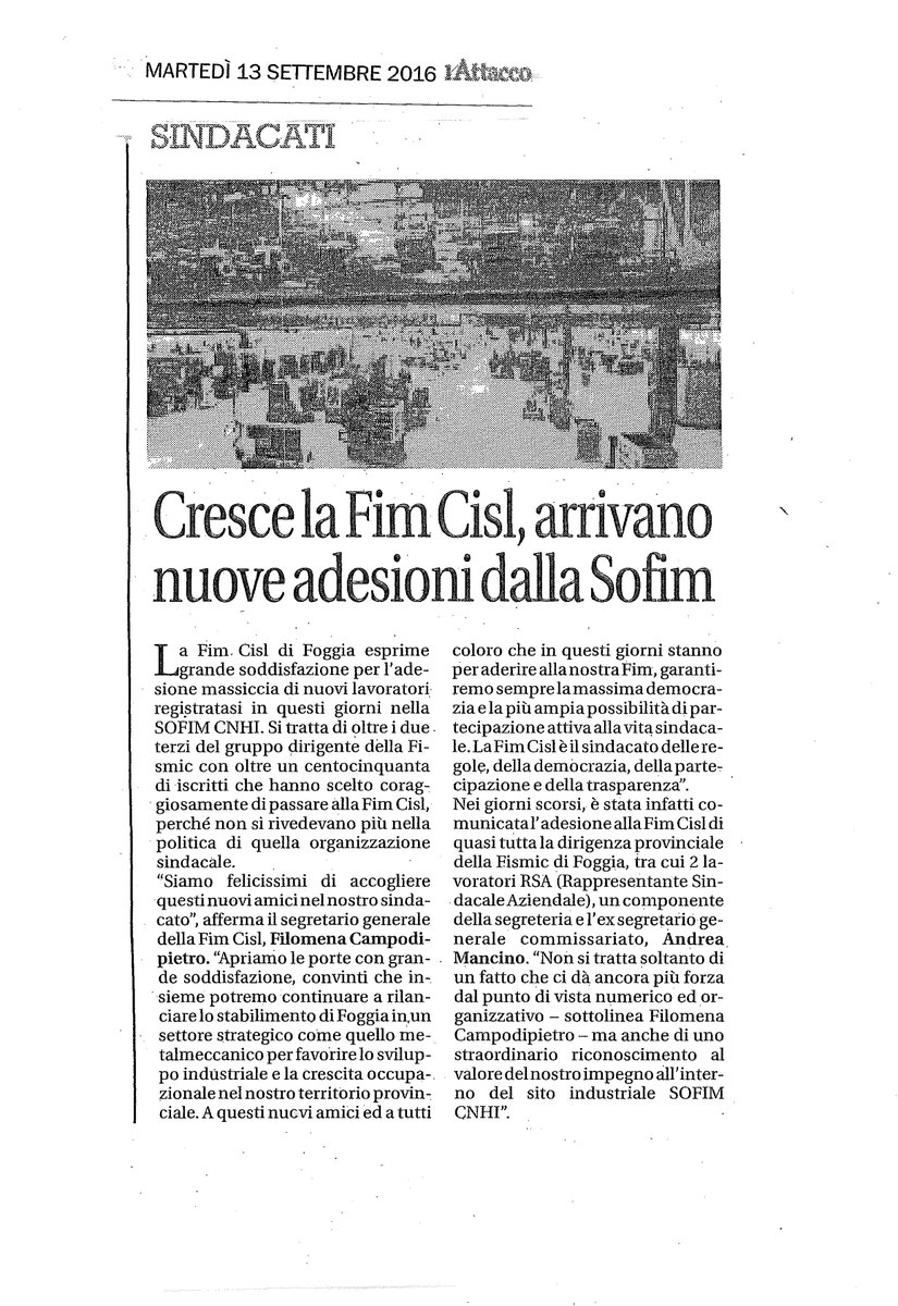 CISLFoggia's tweet photo. Quotidiano l'Attacco - #Sindacati - Cresce la #Fim #Cisl, arrivano nuove adesioni dalla #Sofim. https://t.co/CVP45NAJiO