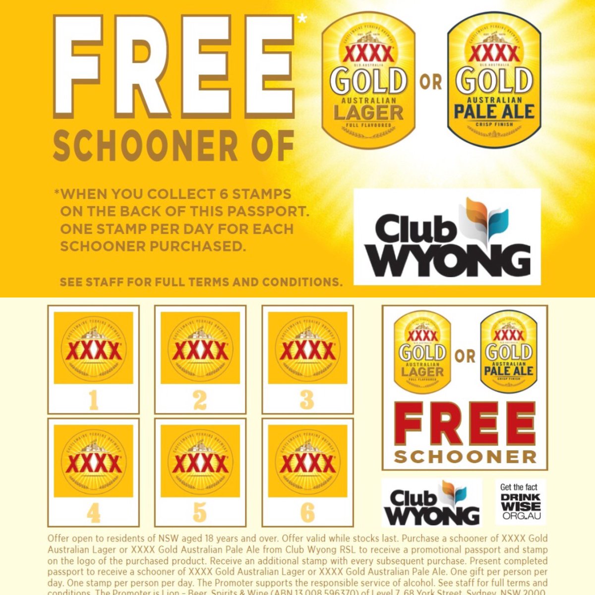 ClubWyong's tweet image. Collect your XXXX GOLD Passport today! Buy 6 schooners and the 7th is free. Please drink responsibly. #xxxxgold