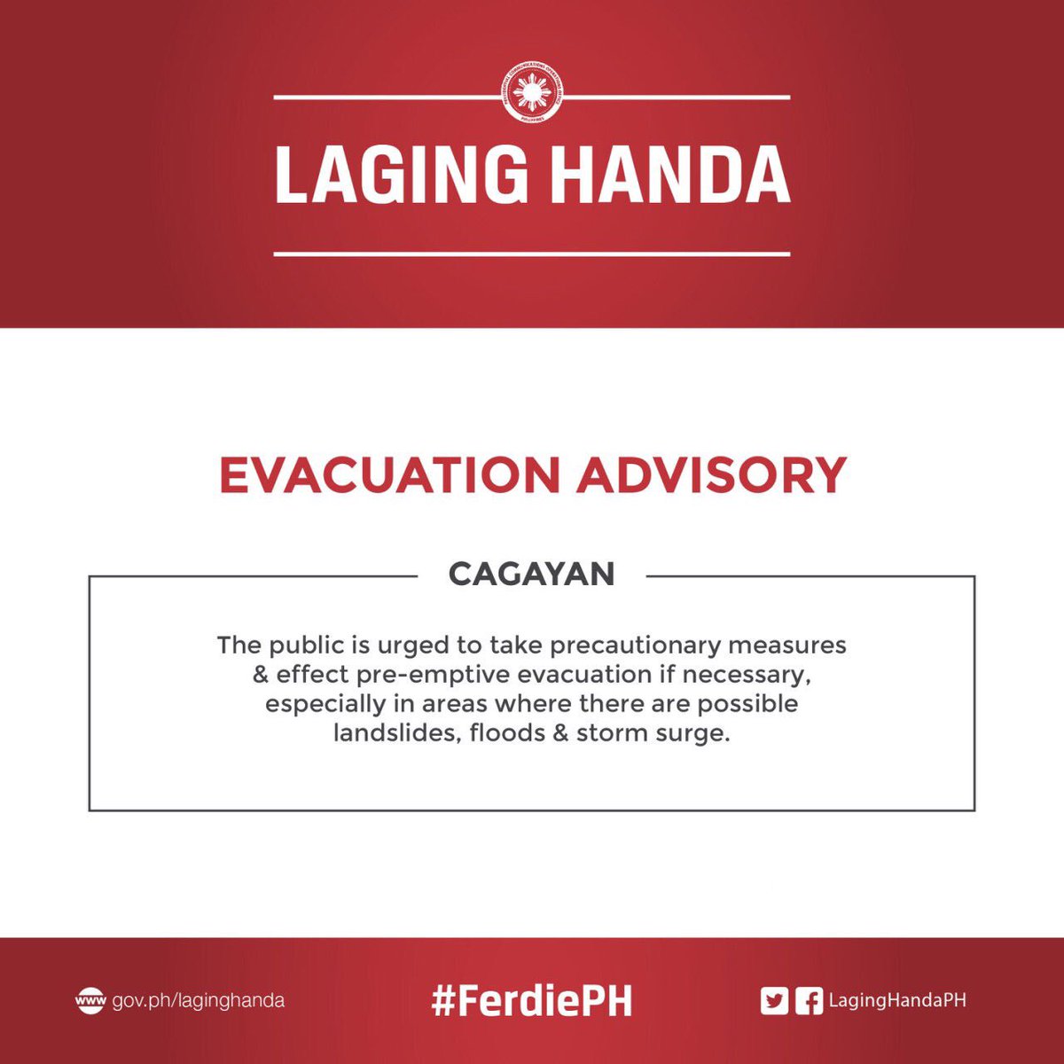 In anticipation of #FerdiePH landfall, here's the evacuation advisory for Cagayan residents. Maging #LagingHanda.