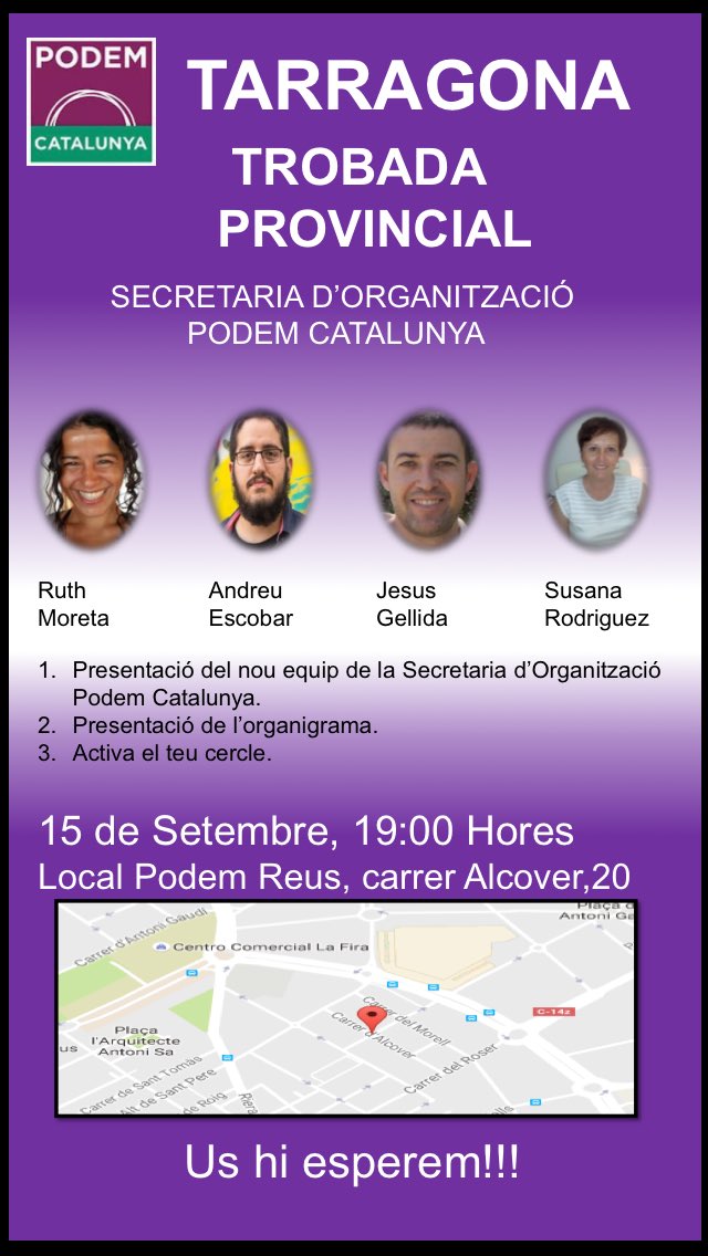 podemosreus's tweet photo. Aquest dijous, @RuthEmeEme @Andreueste @jesusgellida i Susana Rodriguez de @podem_cat presentarán #ActivaTuCirculo https://t.co/3kofvaRtVF