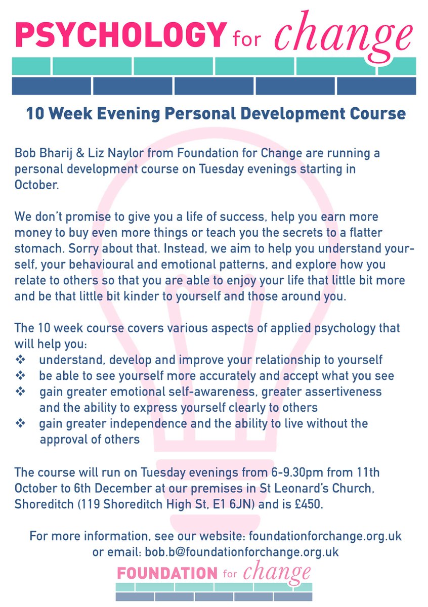 FDNforChange's tweet image. Our new 10 week Psychology for Change course begins Tues 11 October and is OPEN TO EVERYONE. Snap up a place!