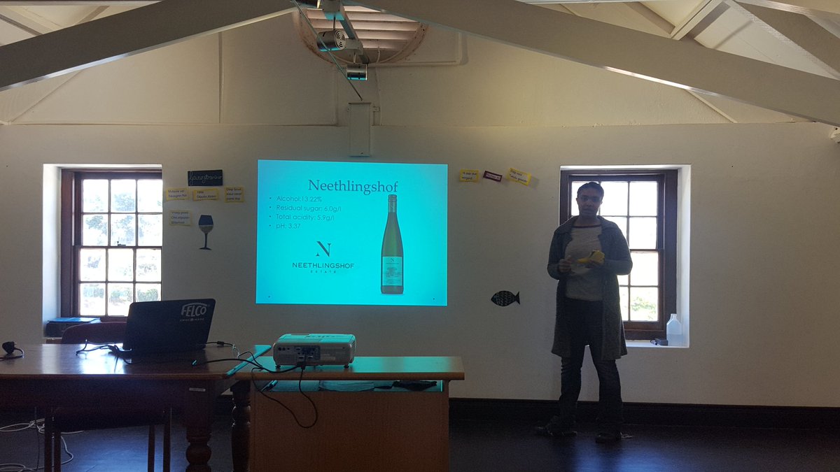 ElsenburgWine's tweet photo. Busy getting a lecture on #Gewurztraminer by finalyear @GynoreF on the wine by @Kapteinwyn https://t.co/gzo8NAUYD8