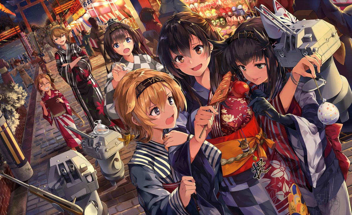 akizuki (kancolle) ,hatsuzuki (kancolle) ,teruzuki (kancolle) kimono japanese clothes yukata multiple girls festival food long hair  illustration images