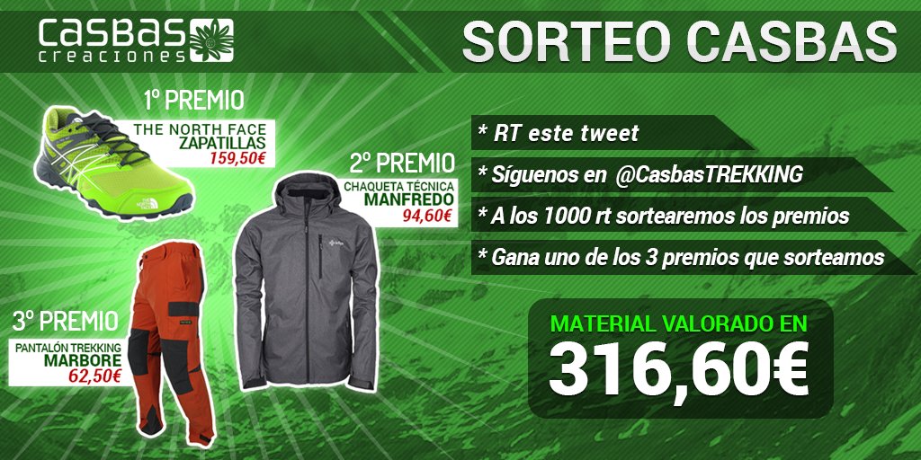 ¡Pedazo de #sorteo tenemos preparado! 👌🏻 😃  ⛰ 
Para Participar:
1. RT este tweet🔄
2. Follow en ➡️@CasbasTREKKING⬅️