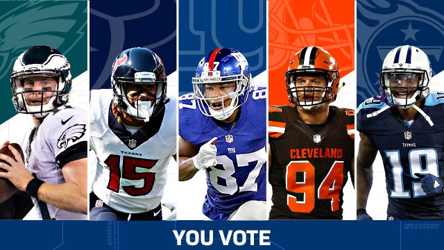 NFL's tweet photo. Vote for the @pepsi Rookie of the Week! Tweet player's name and #NFLROTW:
Wentz, Fuller, Shepard, Nassib, or Sharpe? https://t.co/vLzELkqUzT