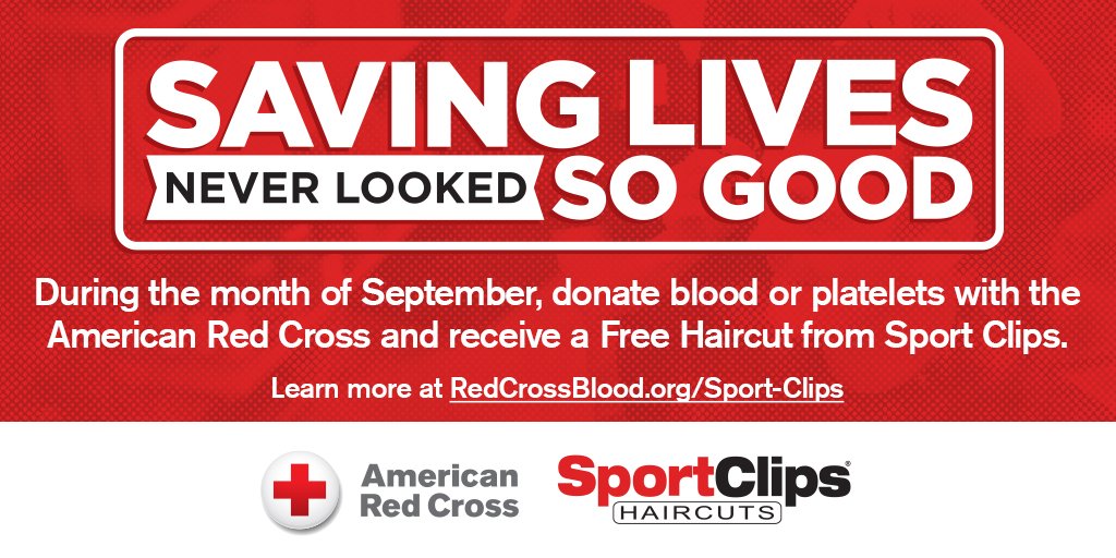 SportClipsNC109's tweet photo. Donate blood or platelets. Get a free haircut. Feel good. https://t.co/iL6ZHdXSqr https://t.co/CWGaqJMzuF