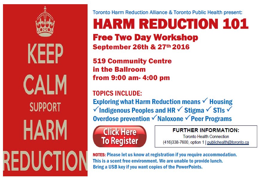 NoHarmToronto's tweet photo. HARM REDUCTION 101 Free 2-Day Wksp presented by #THRA (@NoHarmToronto, that's us!) &amp; @TOPublicHealth, Sept26-27 @519 https://t.co/Qn3caKkGqP