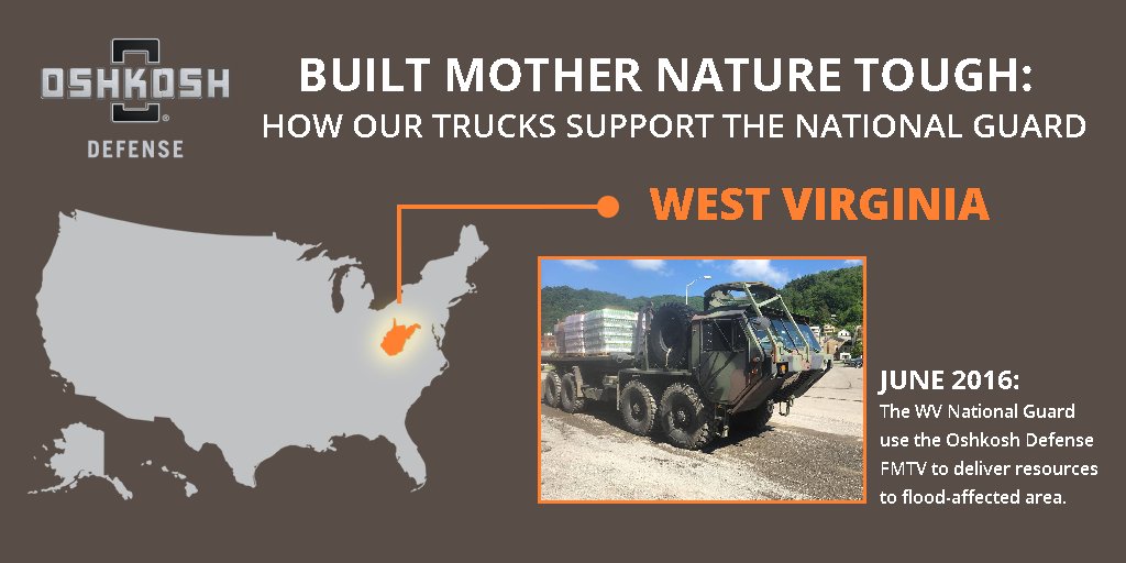 OshkoshDefense's tweet photo. Together, the @NationalGuard and @OshkoshDefense aided flood-stricken WV in June 2016. #NGAUS2016 #ISpyOshkosh https://t.co/EJgiZg6dCd