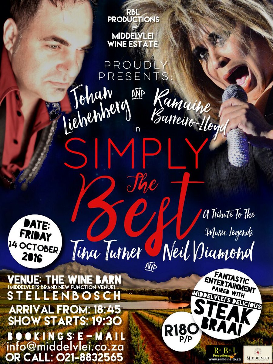 RBLproductions's tweet photo. SUPER Excited about SIMPLY THE BEST #TinaTurner #NeilDiamond Tribute show! Fri 14/10 @Middelvlei_Wine #Stellenbosch https://t.co/FaHcXvYHdR