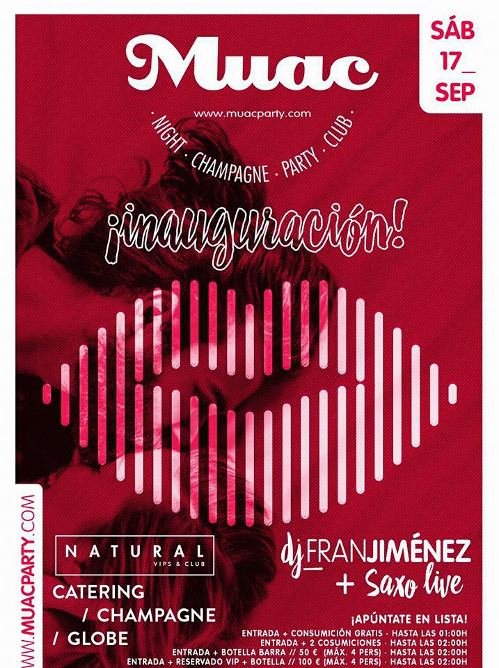 ConectaSurRRPP's tweet photo. Éste Sábado INAUGURACIÓN de @MUACPARTY en @NaturalVipsClub
#MuacParty #NaturalClub
+ Info & Reservas: 687 60 13 31 https://t.co/6aC4OjTTxi