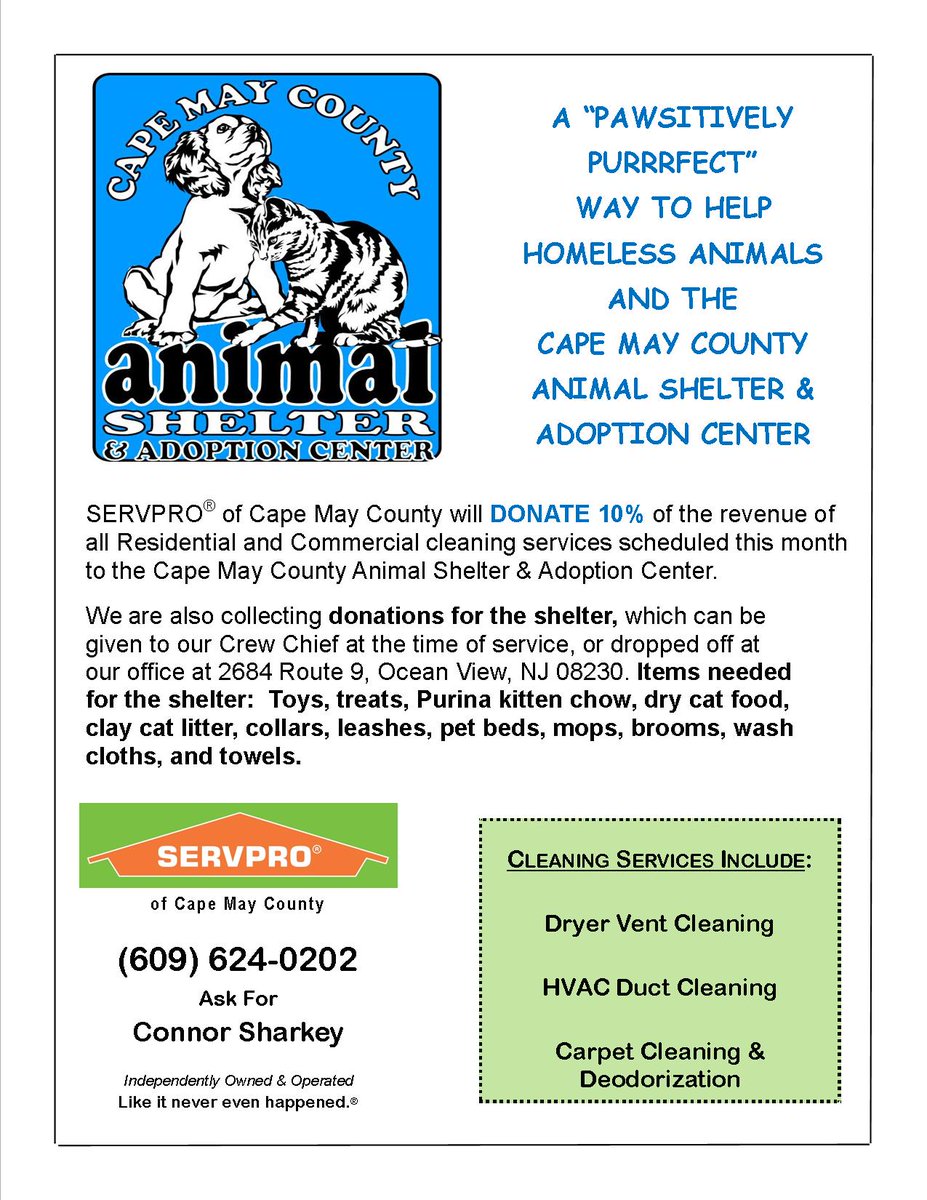 #SERVPROcapemay is helping our homeless furry friends at Cape May Animal Shelter this month! #WeWillDonate #CapeMay