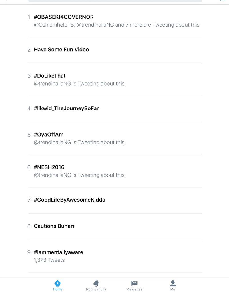 DavisIyoha's tweet photo. Treading at number one worldwide @OshiomholePB @APCUKingdom  @gloria_adagbon @DeleMomodu  #OBASEKI4GOVERNOR https://t.co/7PTYWxP6CJ