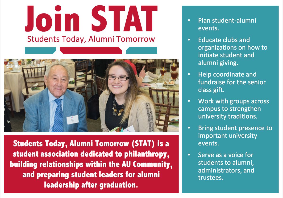 STAT_AmericanU's tweet photo. Gain networking skills while building the future AU! Join STAT! Fill out our interest form: https://t.co/wOqgpTzpIu https://t.co/9tBFpQbLJO