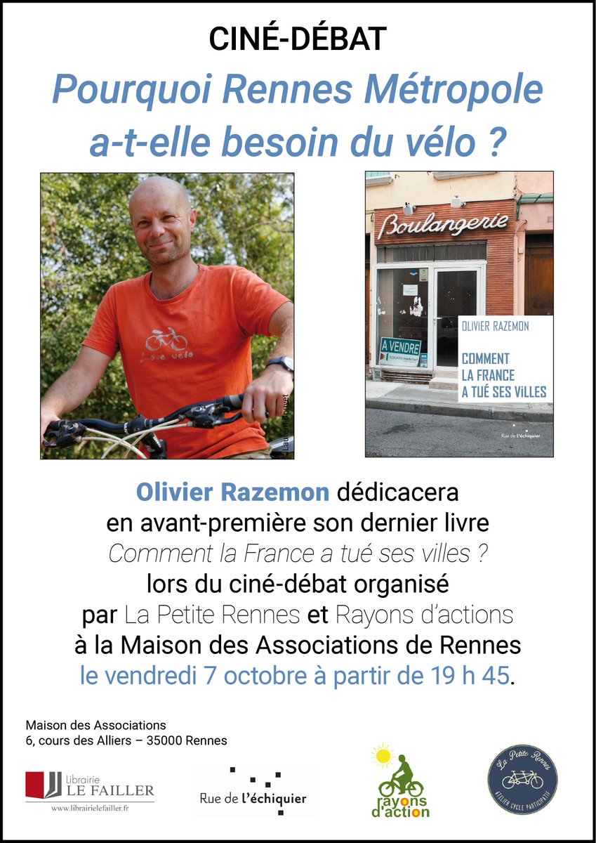 Ruedelechiquier's tweet photo. Le 07/10 @OlivierRazemon sera à #Rennes pour un #cinédébat sur la #mobilité et le #vélo dans la #métropole rennaise. https://t.co/b81O2yhGMS