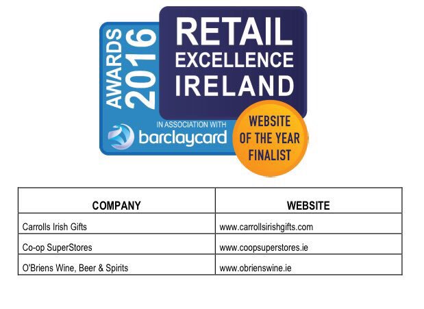 Carrollsgifts's tweet photo. Delighted to be nominated as website of the year alongside @OBriensWine @CoOpSuperstores @RetailExIreland #REI2016 https://t.co/1MRlVmLQuI