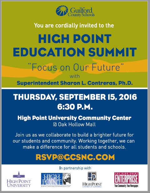 HP Education Summit! Thursday, Sept.15 @ 6:30pm at High Point University Community Center (Oak Hollow Mall)