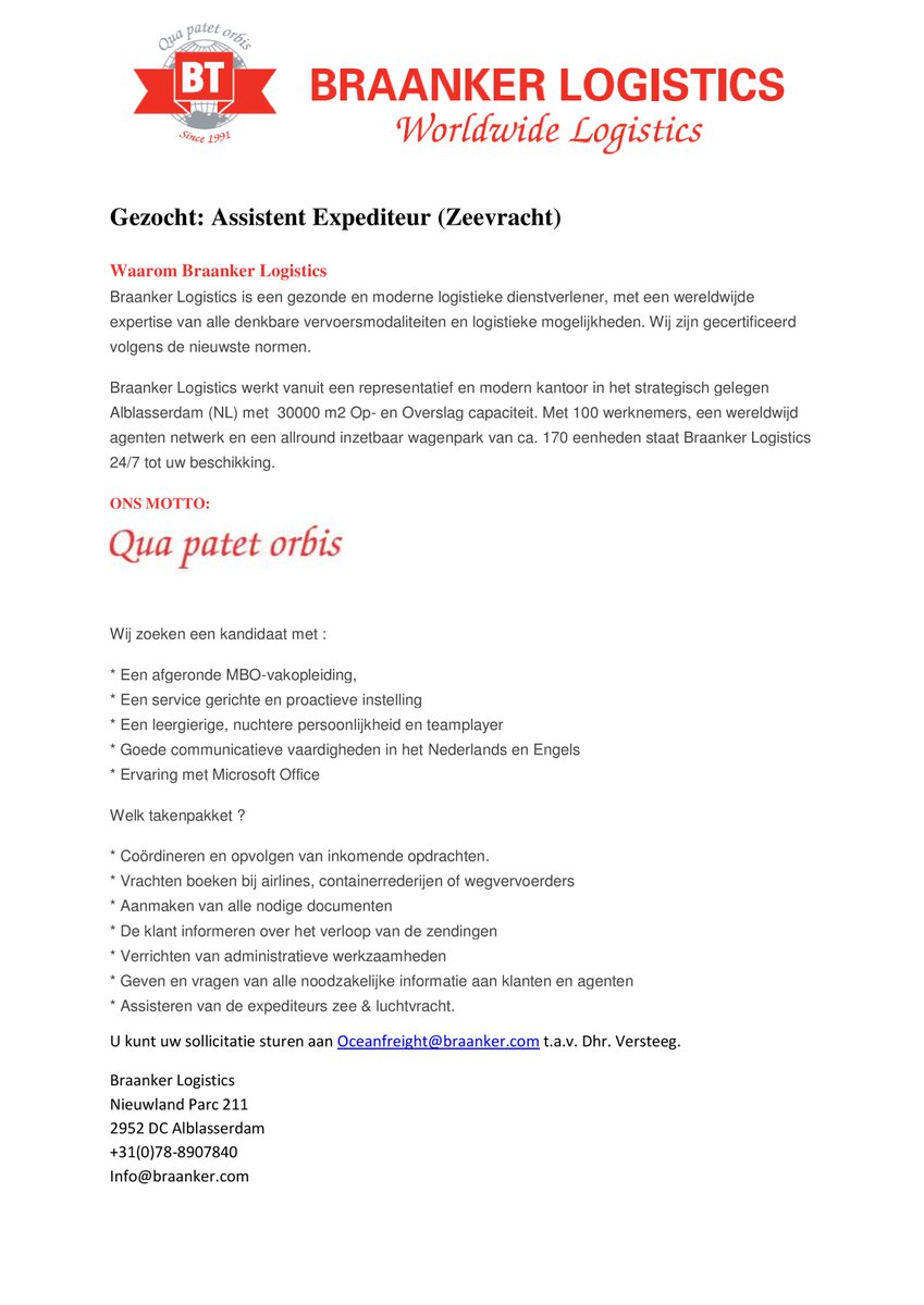 BraankerLog's tweet photo. #vacature #logistiek #expediteur #zeevracht @NTGVacatures bij @BraankerLog : Assistent Expediteur (Zeevracht) https://t.co/Z1HKac74w2
