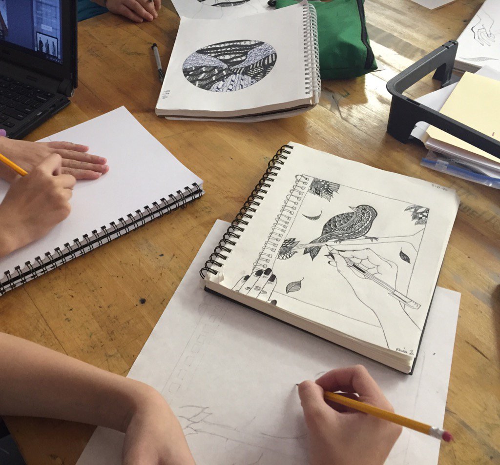 8th graders in the studio. Observing, Engaging, Developing Craft. #habitsofthemind #ArtsEdWeek