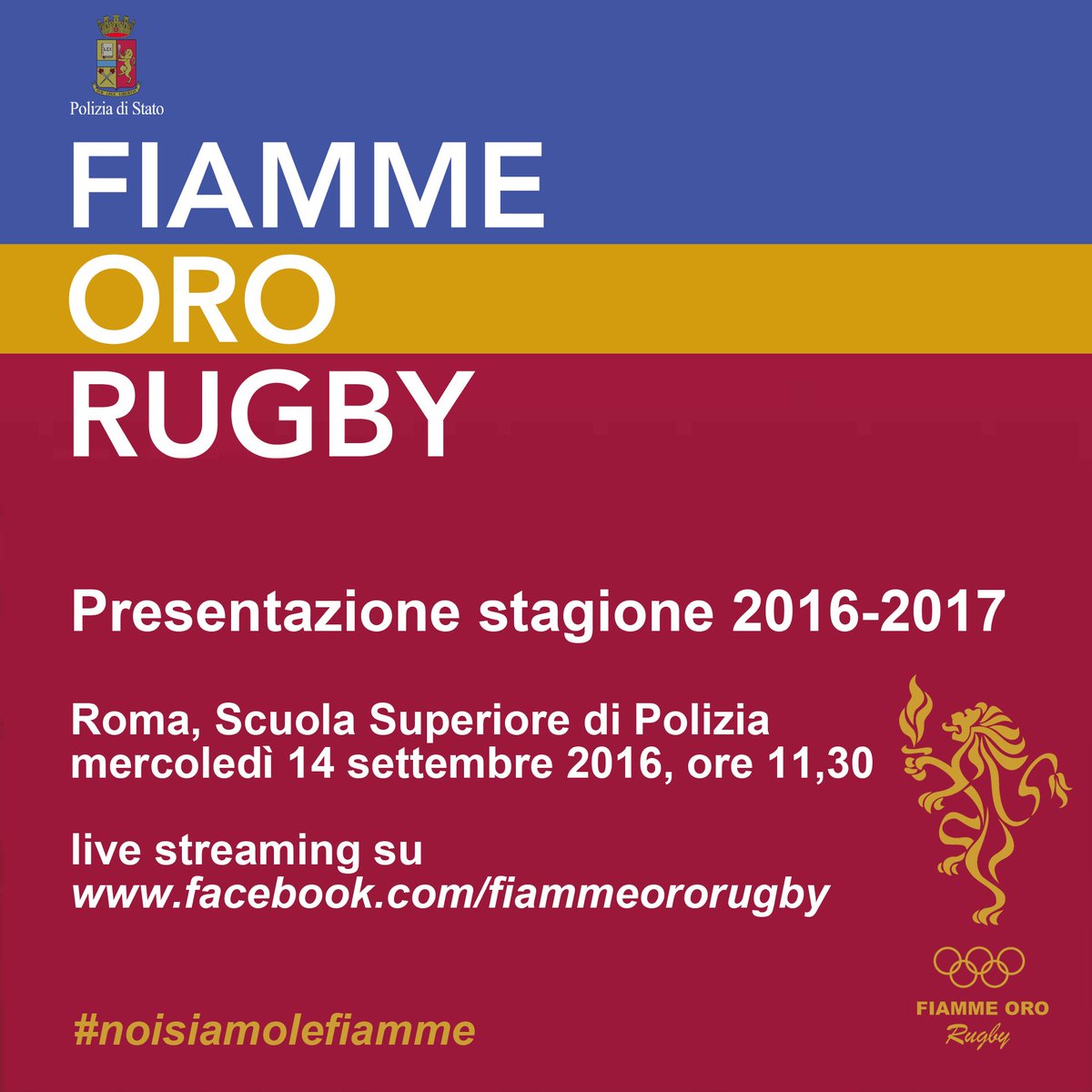 FiammeOroRugby's tweet photo. #StayTuned Domani 14/9 h.11.30 streaming presentazione stagione 16/17 su https://t.co/Oiq6S4jloy #noisiamolefiamme https://t.co/fD5XHadlXD