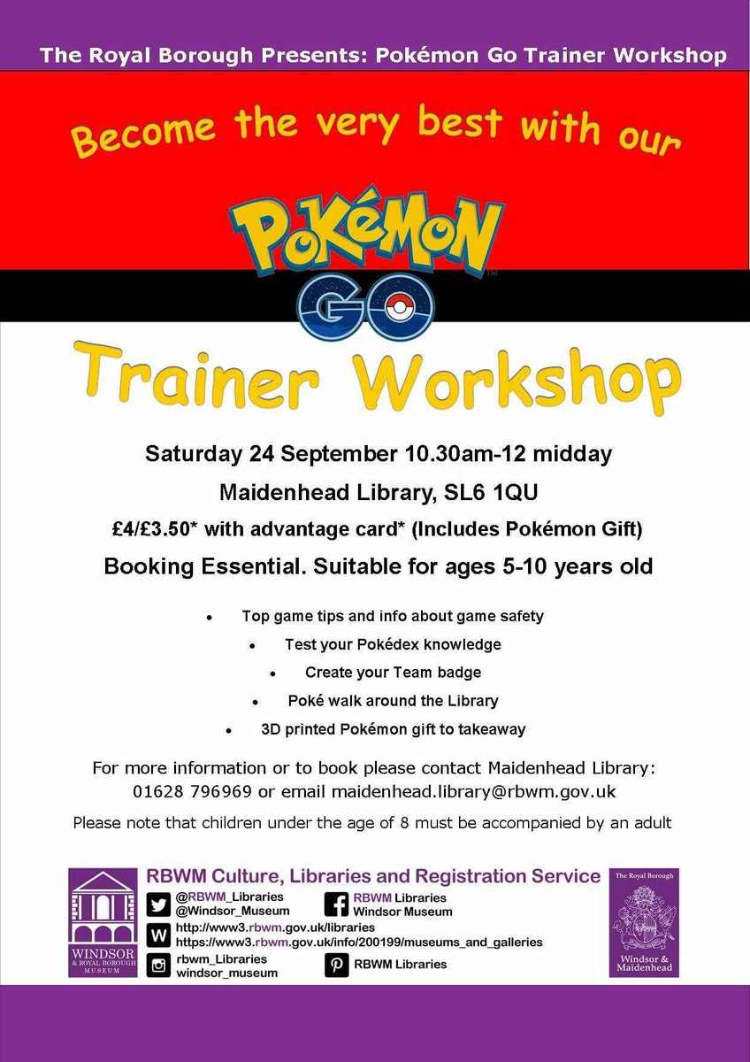 RBWM_Libraries's tweet photo. Calling all young #pokemongo fans! Have you got what it takes #tobetheverybest? Join us @ our #trainerworkshop! 👊😆 https://t.co/lz3H7QxFHo