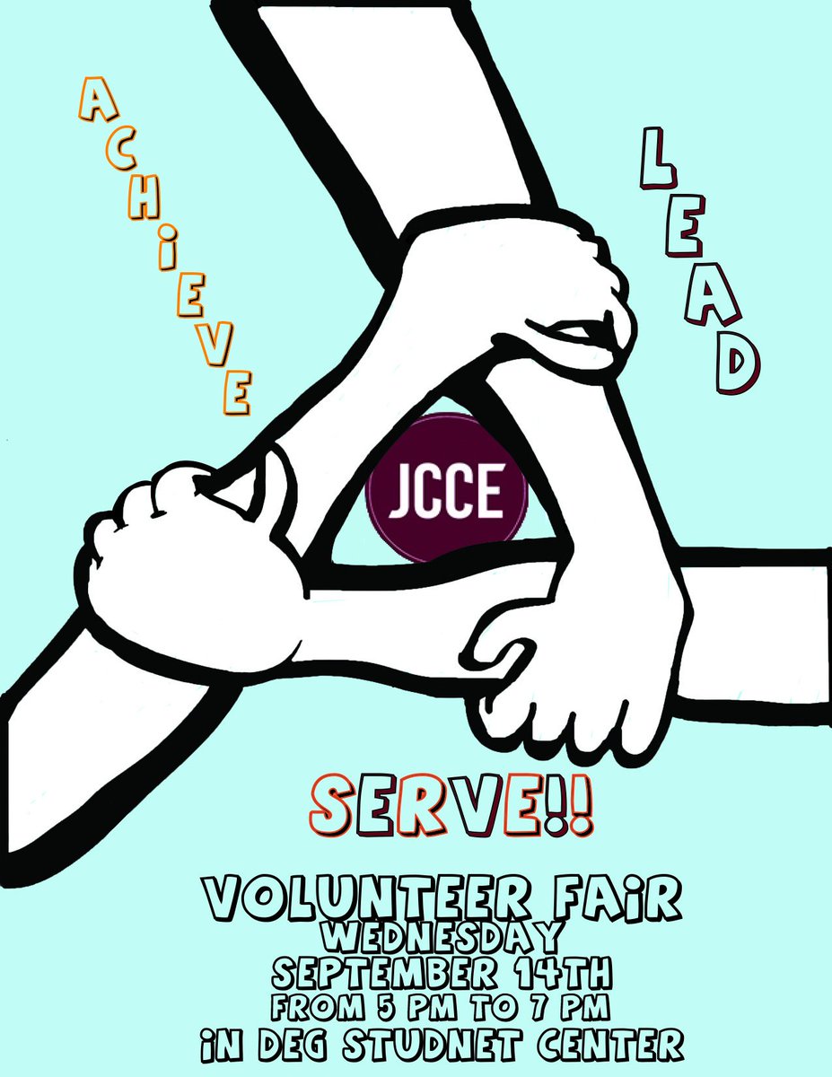 JCCEatSU's tweet photo. Interested in volunteering? Then come to the JCCE's Volunteer fair 9/14@Deg Lounge from 5 to 7 PM!! https://t.co/kghCJ9efcy
