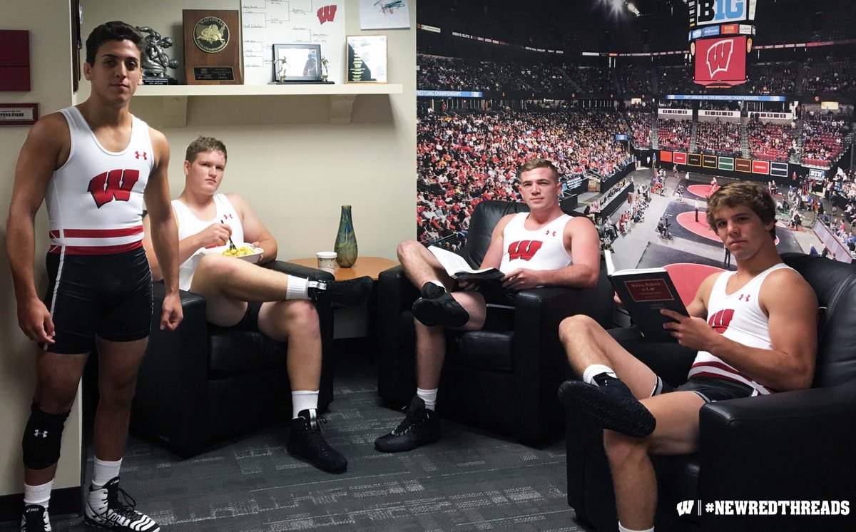 BadgerWrestling's tweet photo. We're just over here breaking in our #NewRedThreads. #Badgers https://t.co/IUVhT0YRrM