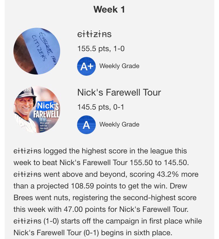 SeaStreetElite's tweet photo. @Coley617 got off to a hot start with the most points this week in a win over @LickNepore 155.5-145.5 https://t.co/WaevGyHWmo