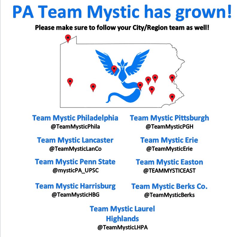 PLEASE PLEASE PLEASE - go follow all the PA regional accounts. Tweet w/ them to keep #TeamMystic pride going in PA!