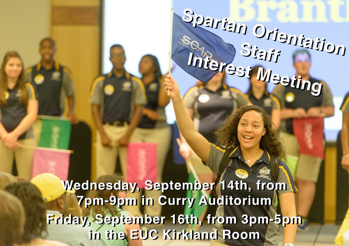 UNCG's tweet photo. Students interested in becoming a Spartan Orientation Staff member should attend these meetings. #BecomeSOS #UNCG20 https://t.co/kcmulYk9r9