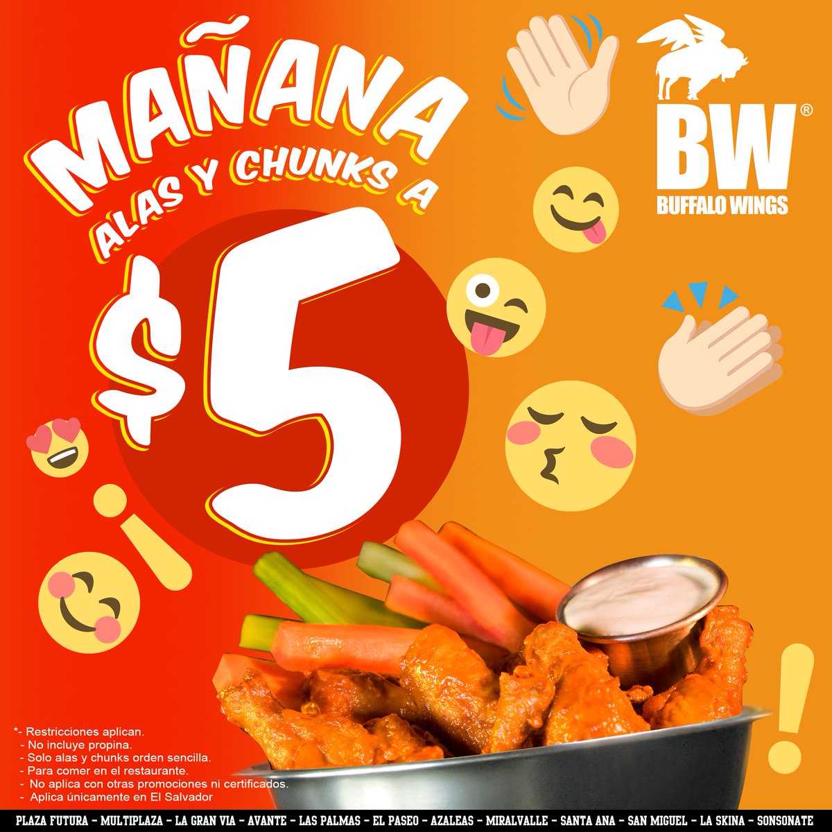 BWelsalvador's tweet photo. ¡Mañana Miércoles, promoción de #GiveMeAFive: $5 bowl sencillo de alas/chunks durante todo el día! #TodosLosBW https://t.co/uvNhsP2aAe