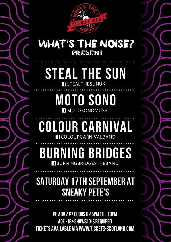 Top night of music at <a href="/sneakypetesclub/">Sneaky Pete's</a>  this Saturday 
Tickets via all bands &amp; <a href="/ticketsscotland/">Tickets Scotland</a> 
Get involved!!!