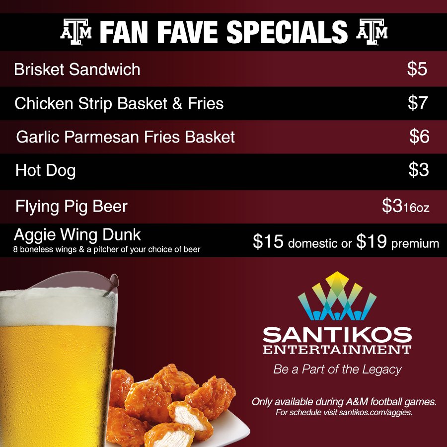 MySantikos's tweet photo. Join us Saturday to watch the A&amp;M Aggies play against the AU Tigers at 6PM! Grab a Fan Fave Special at the game! https://t.co/vES7oZCBIo