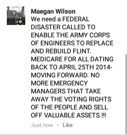 wilson_maegan's tweet photo. #FEDERALDISASTER NEEDS TO BE CALLED IN #Flint @realDonaldTrump. DO NOT BE FOOLED...THE PEOPLE ARE SUFFERING. #WATER https://t.co/v2s8kq8mdZ