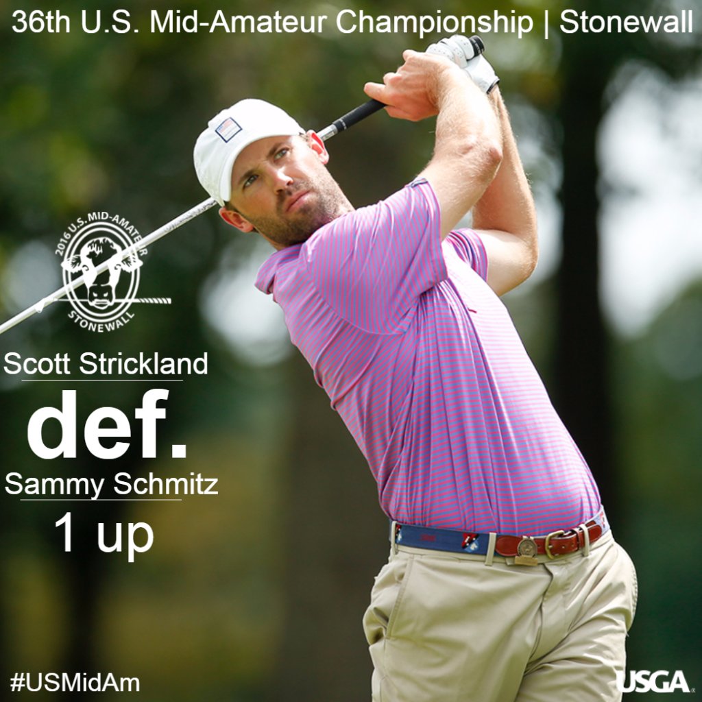 USGA's tweet photo. Scott Strickland takes down defending champion Sammy Schmitz, 1 up, to earn a spot in the #USMidAm Quarterfinals. https://t.co/iunw8qt2OS