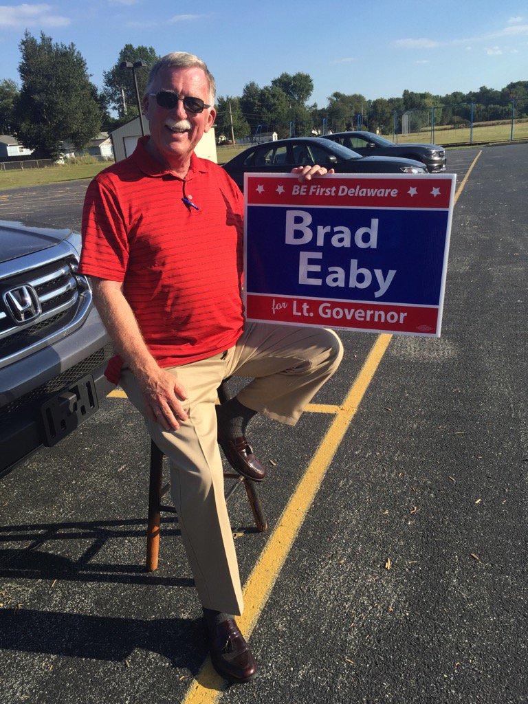 JerrySmithTNJ's tweet image. State Sen. Brian Bushweller was at W. Reilly Brown School to visually remind folks to vote for Brad Eaby. #netDE