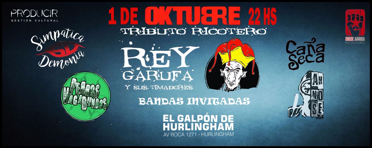 MusicaRockyshow's tweet photo. Sabado 1 de octubre llega a @elgalponoficial #ReyGarufa inv #SimpaticaDemonia #CañaSeca #PerrosVagabundos #AhNose https://t.co/oJBPNQ3XVp