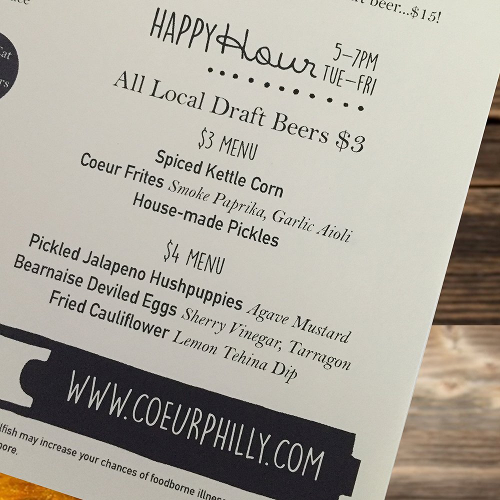 coeurphilly's tweet photo. New Fall Happy Hour starts TODAY! $3 Local Draft Beer + $3 and $4 Food Menu! 5-7pm/Tuesday-Friday! Hooray for FALL! https://t.co/HnSfXFjy6Y
