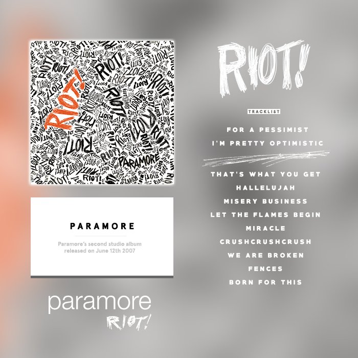 paramorenetnews's tweet image. What are your favourite songs from Paramore's second studio album? #RIOT