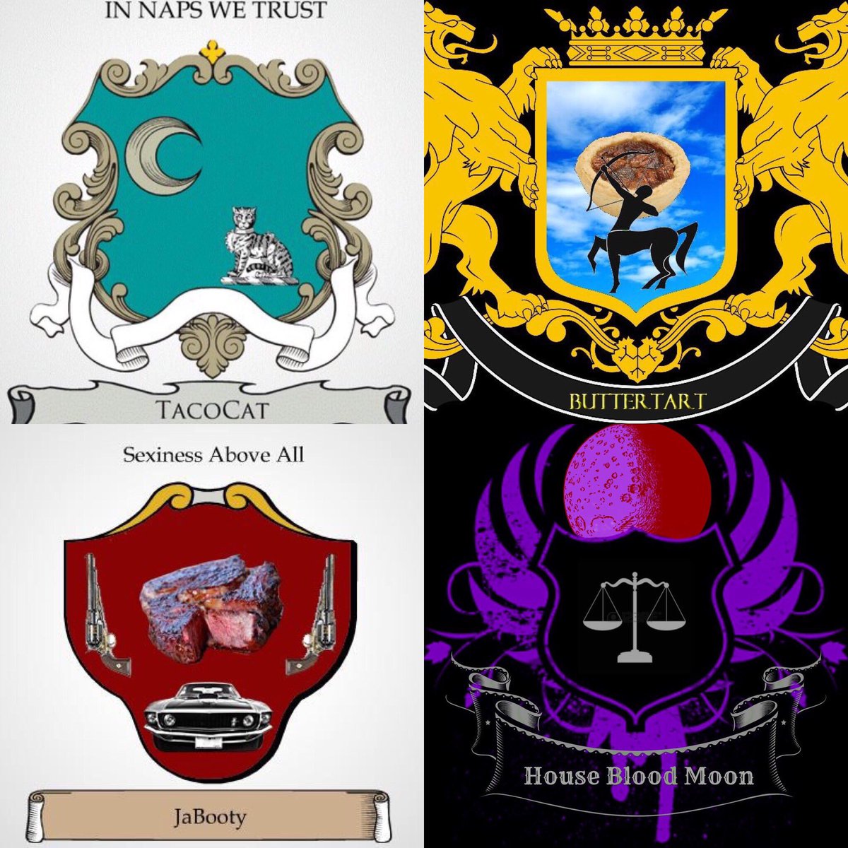 IOMMHQ's tweet photo. All four houses have completed their coat of arms!!! π«π«π«π«π« #tacocat #buttertart #jabooty #bloodmoon
ππππππππππππππ https://t.co/bjNpqLBmyH