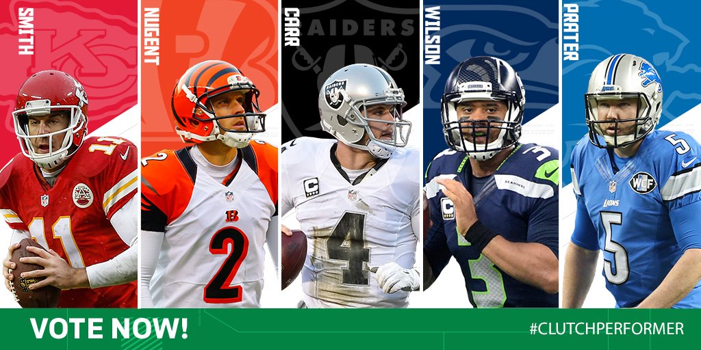 NFL's tweet photo. VOTE: @CastrolUSA Clutch Performer of the Week! Tweet name and #ClutchPerformer:
Smith. Nugent. Carr. Russ. Prater. https://t.co/2zQ54HxEzW