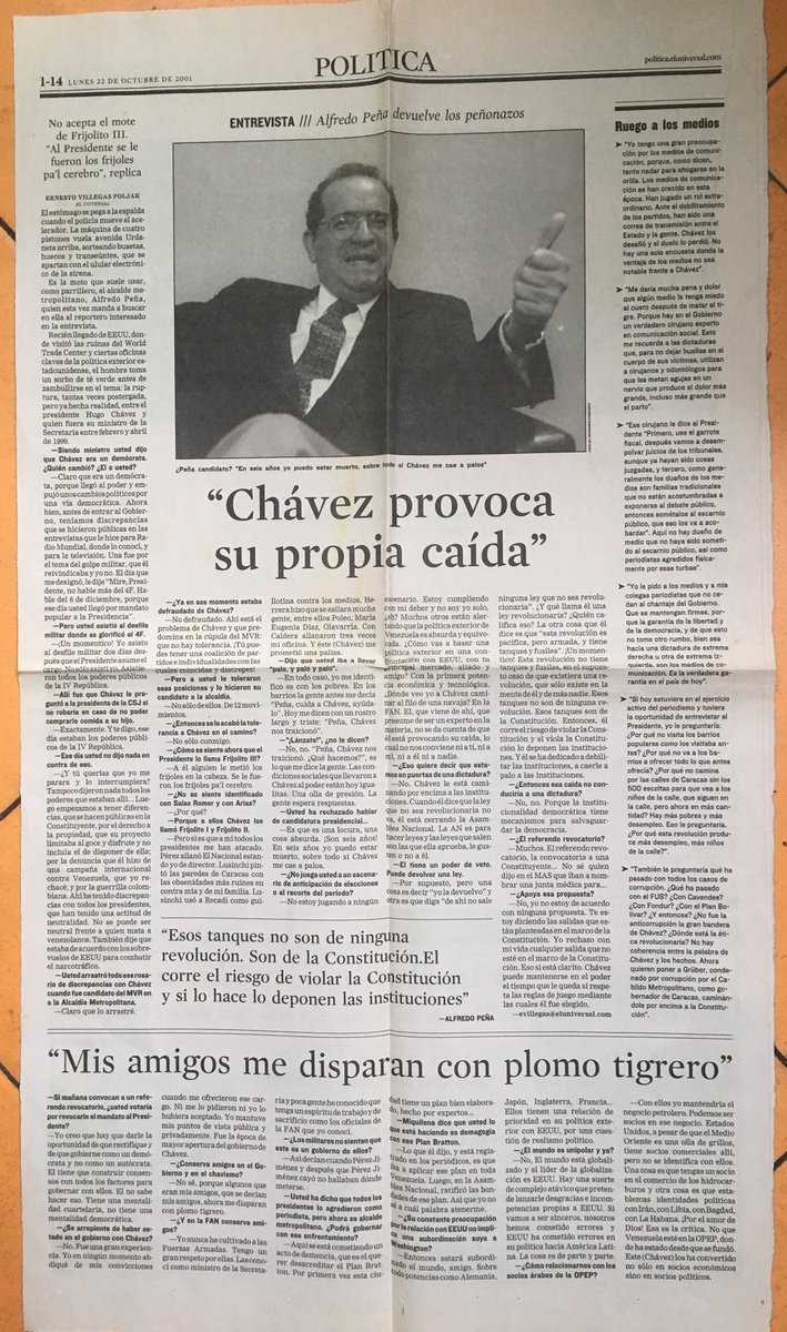 VillegasPoljak's tweet photo. Periódico viejo: una entrevista que le hice al ahora finado Alfredo Peña seis meses antes del #golpe de abril #2002 https://t.co/AjqloaL77q