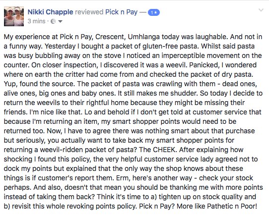 NikkiChapple's tweet photo. Dear @PicknPay (Crescent, Umhlanga), the weevils are yours again. Happy? #paybackthepoints https://t.co/SDN86rVIOI