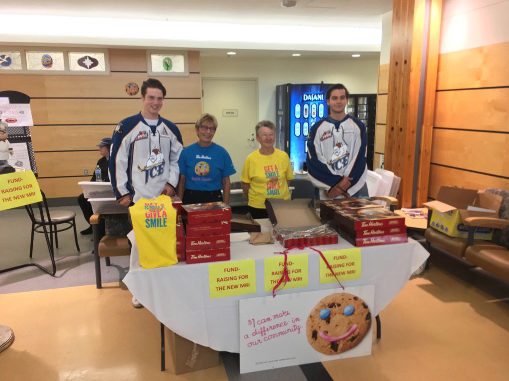 Cale Fleury and Declan Hobbs are at the EK Regional Hospital until 2:00 as part of Smile Cookie week! <a href="/TimHortons/">Tim Hortons</a>