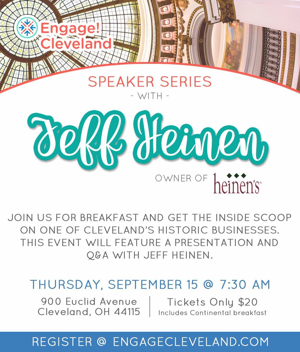 Thursday, Sept 15 | 7:30a
Speaker Series w/ Jeff Heinen
Tix at EngageCleveland.com 
Powered by <a href="/EngageCleveland/">Engage! Cleveland</a>