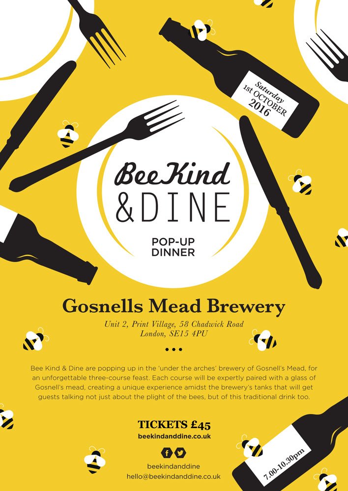 Three course <a href="/beekindanddine/">Bee Kind</a> dinner to celebrate bees &amp; mead, 1 Oct at @GosnellsMead: beekindanddine.co.uk/upcoming-event… #bees