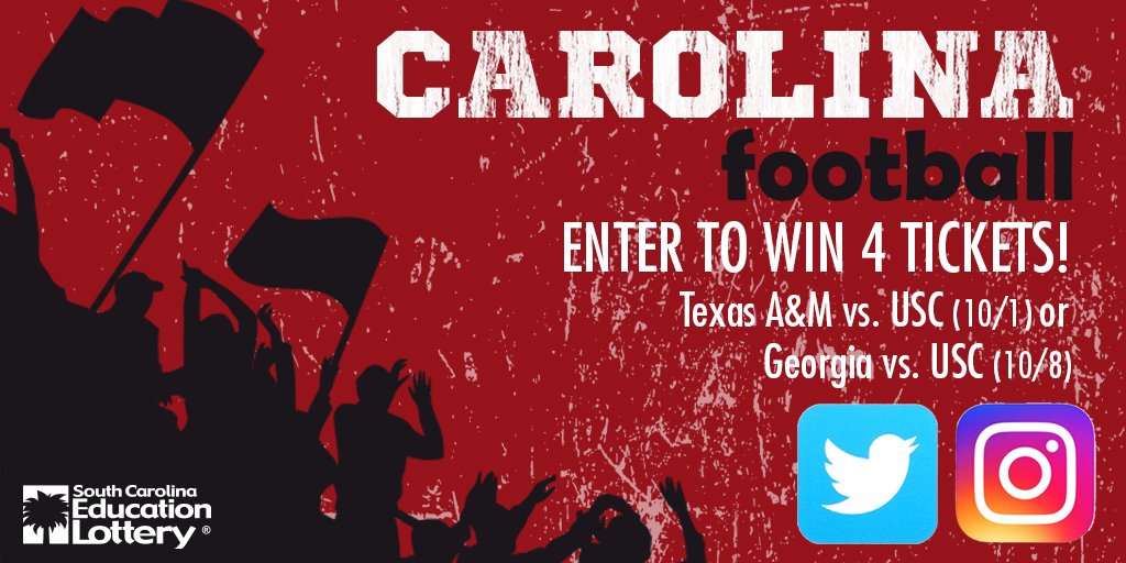sclottery's tweet image. Win 4 tickets to Texas A&amp;amp;M vs. USC (10/1) or Georgia vs USC (10/8). RT and FOLLOW @sclottery to enter!