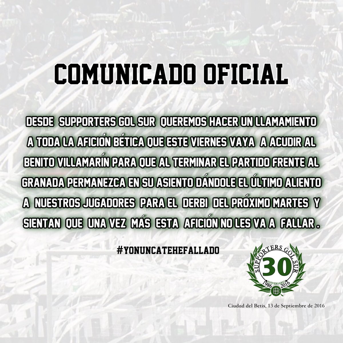 Invitamos a peñas y béticos de a pié a que se unan para darle todo nuestro apoyo al equipo
#YoNuncaTeHeFallado