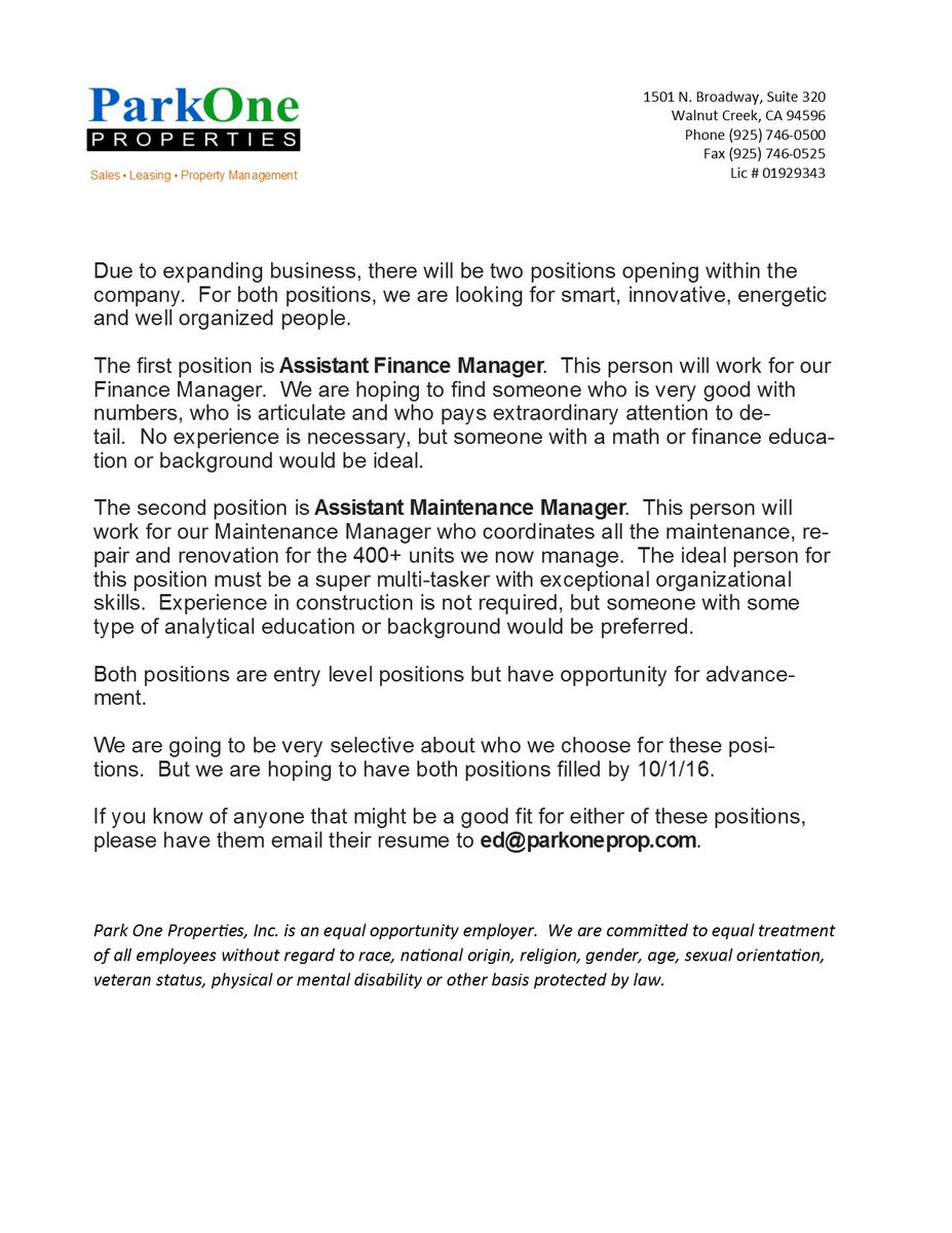 ParkOneProp's tweet photo. We have two new positions opening within the company! See descriptions below #parkoneproperties #propertymanagement https://t.co/idk87GvAh2