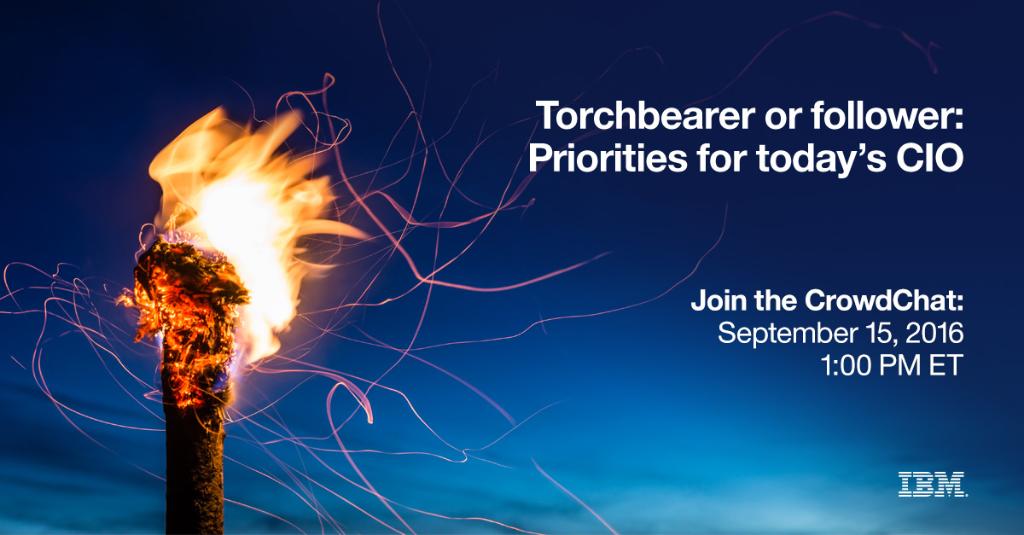 IBMcloud's tweet image. The role of the #CIO is changing. Join our #CrowdChat 1 pm ET 9/15 to learn more. #ibmwow bit.ly/2cL26iQ